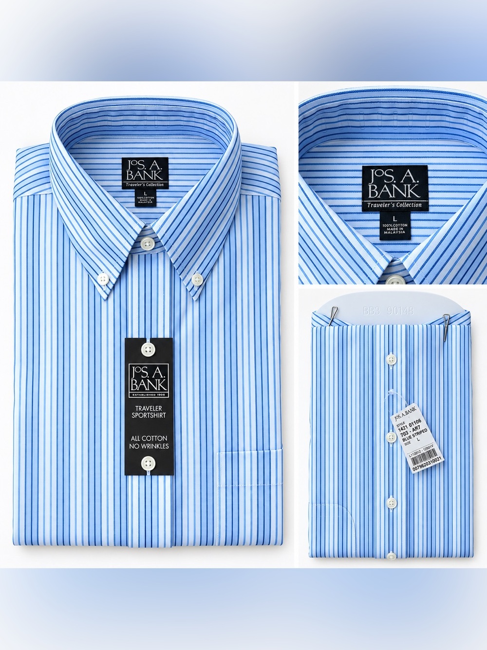 Jos. A. Bank Traveler’s Collection Blue Striped Sportshirt Size L NWT